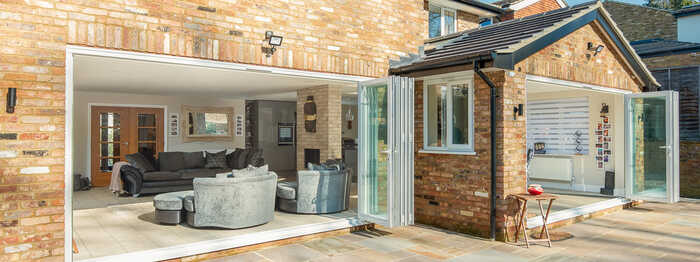 open plan dining room viewed from outside