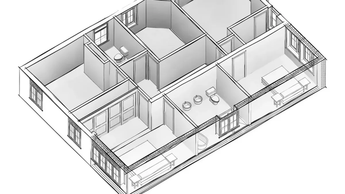 3D cutaway model of a house showing the internal room layout from above