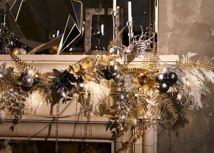 mantel with silver decorations