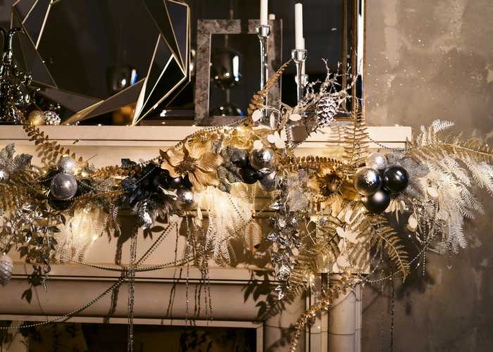 mantel with silver decorations mantel with silver decorations