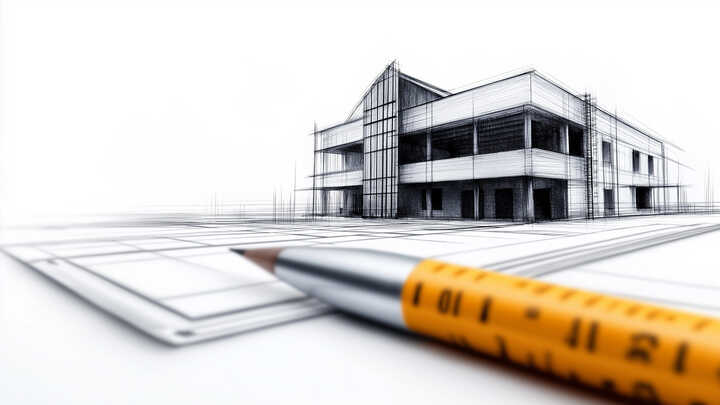 Architectural sketch of a building with a ruler and pencil in the foreground.