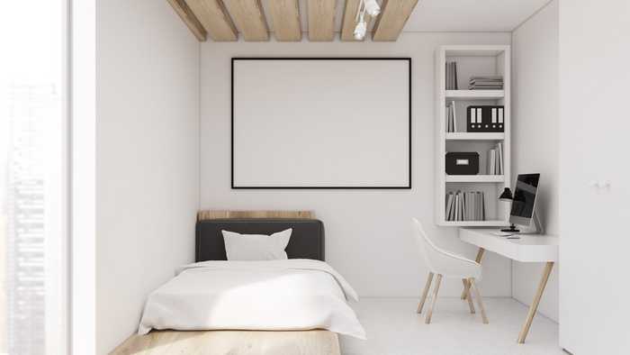 Multifunctional, light living space with a bed and office