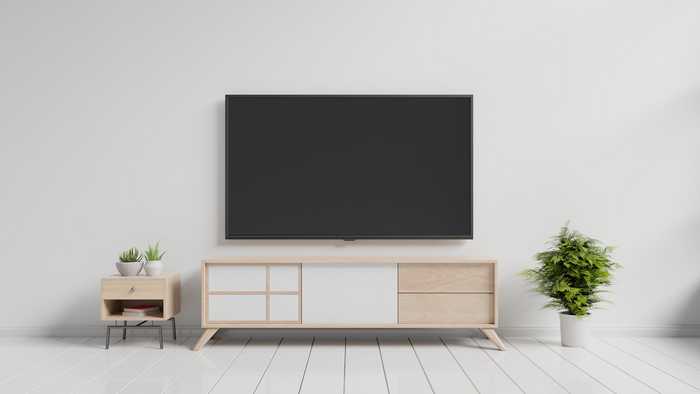 Television on stand, simply styled with indoor plants either side