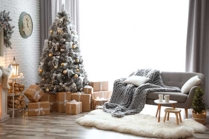 Silver Christmas tree and presents Silver Christmas tree and presents