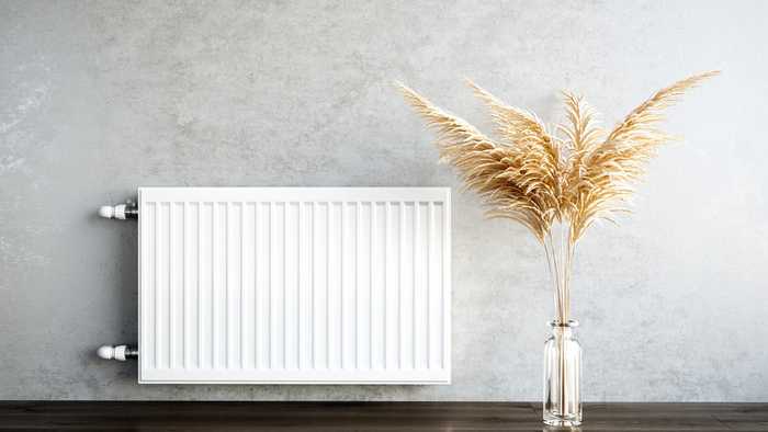 Radiator mounted on a wall with a vase with pampas grass