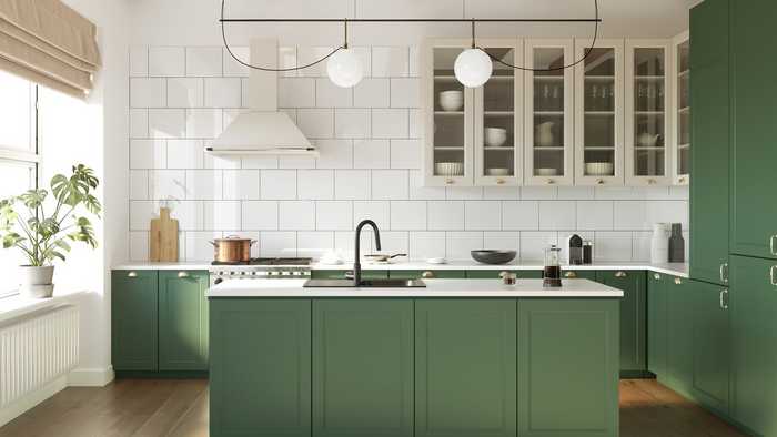 green cabinets in a modern kitchen extension