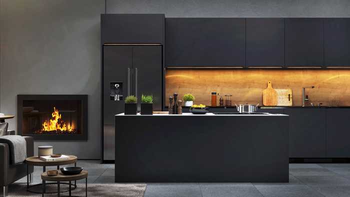 black open plan kitchen