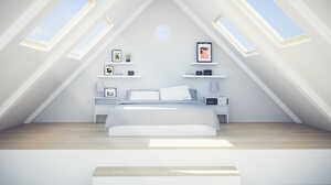 Bright, modern loft bedroom with a bed, shelves, and skylights.