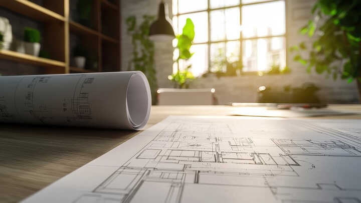 Architectural drawings on a wooden desk with sunlight shining through a window.