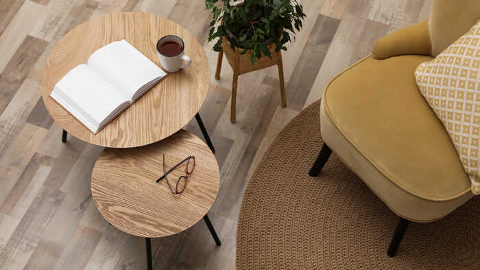 nesting tables and arm chair