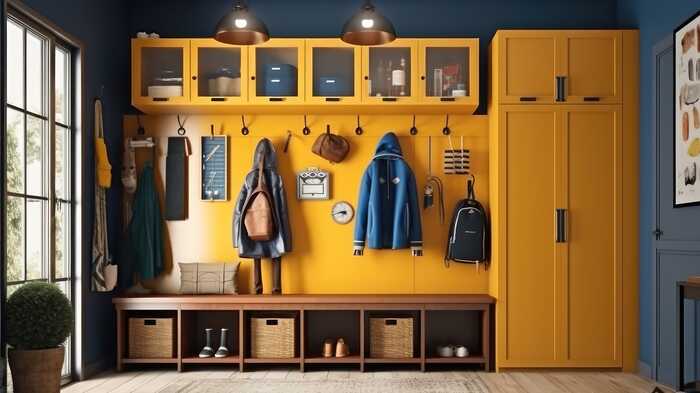 yellow entranceway with coat hooks and storage