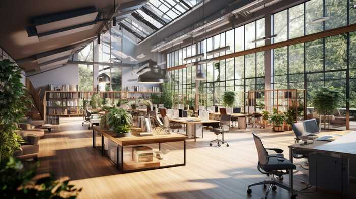 large open space office with greenery and plants