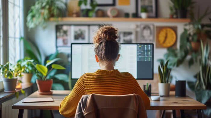 woman sat at her computer in a home office surrounded by plants 