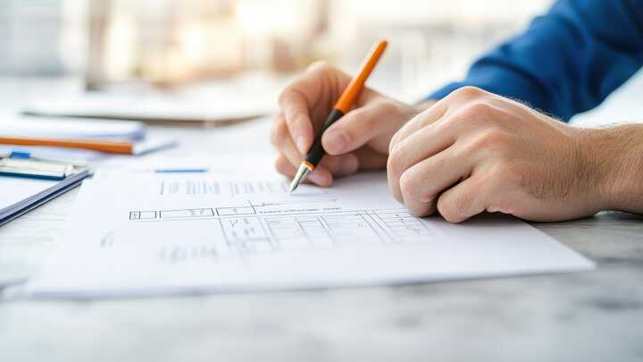 A close-up of hands writing notes on a sheet of paper with a pen and pencil.