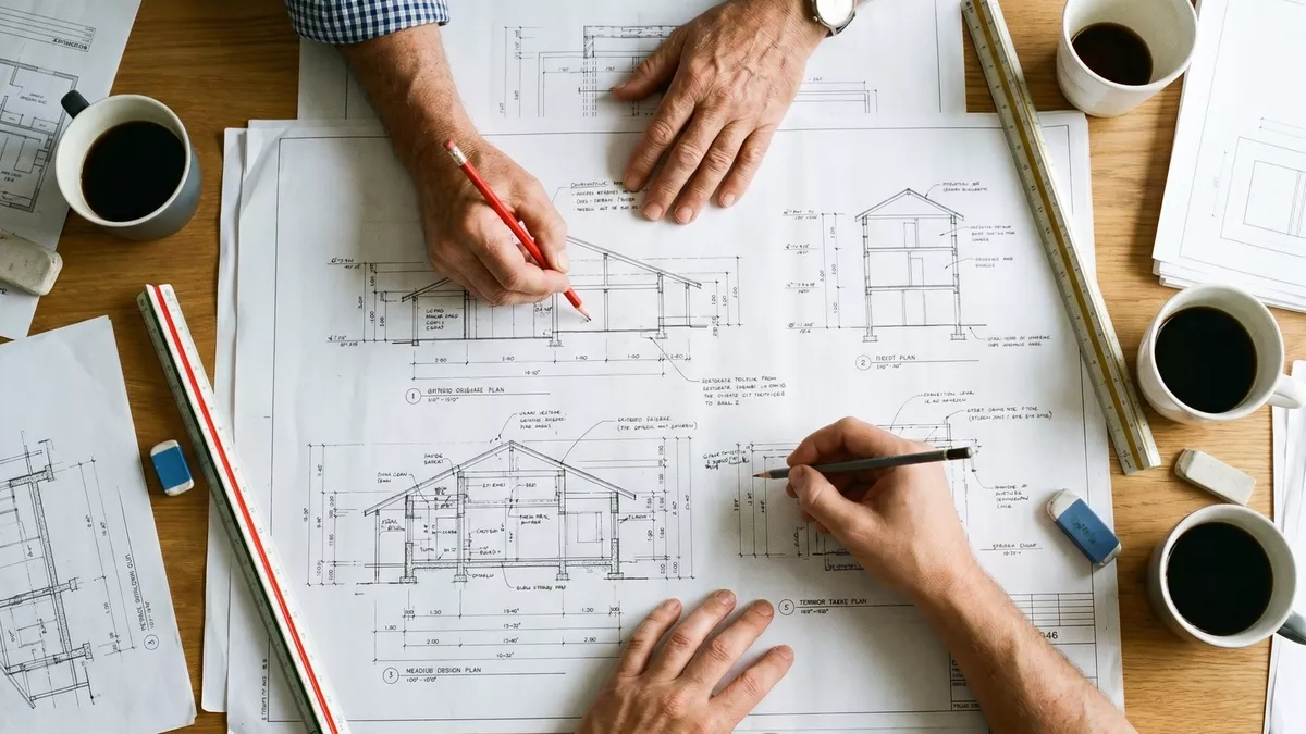 Two designers comparing elevation and section drawings across a desk of coffee cups and drawing instruments