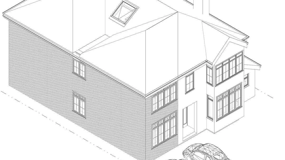Axonometric line drawing of a house showing brick walls, windows and roof form