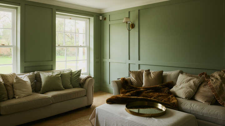 Cozy living room with green walls, two sofas, and a coffee table with a tray.