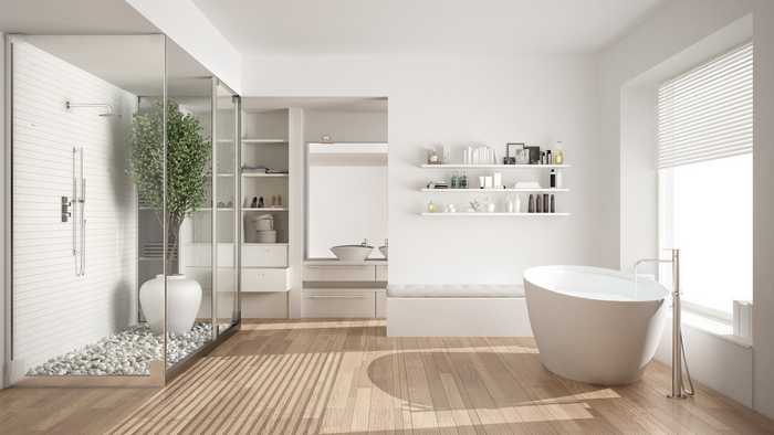 Luxurious bathroom with freestanding bath and modern shower
