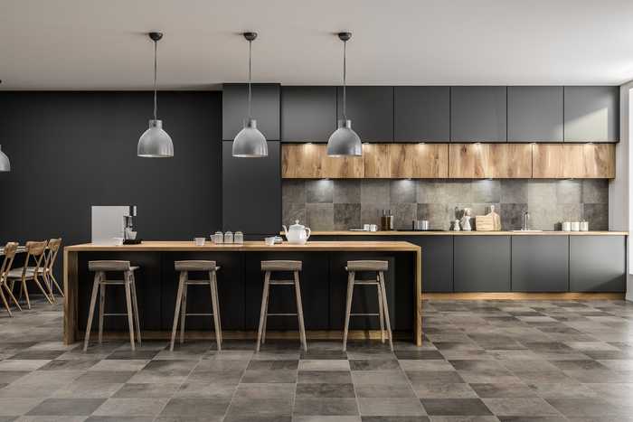 Modern kitchen design with kitchen island and industrial lighting