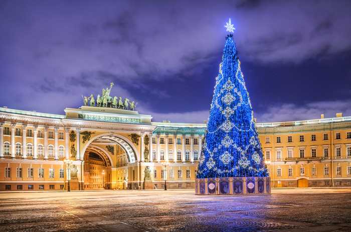 White and blue Christmas tree in Russia